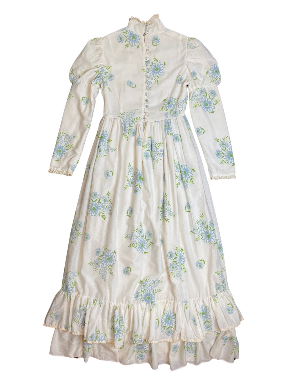 Vintage Prairie Dress White Blue Floral Puff Sleeve Lace Trim Maxi XS
